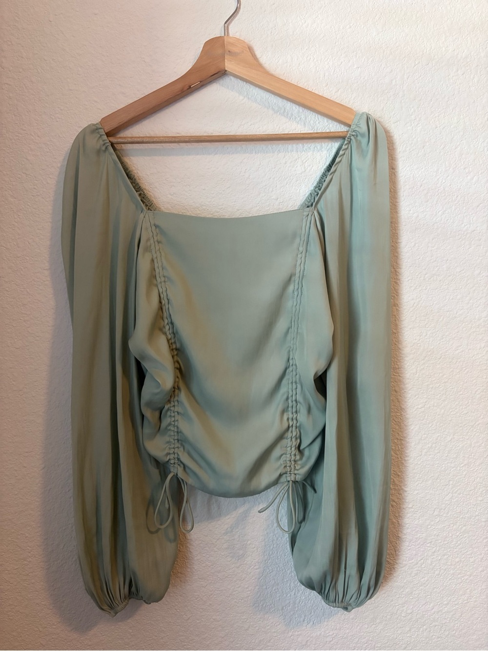 Native Daughters Sage Green Blouse with Ruched Sides and Balloon Sleeves NEW